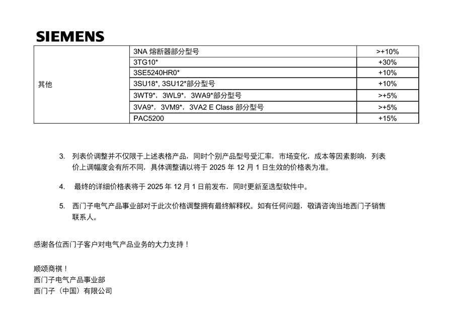 西門子電氣產(chǎn)品事業(yè)部FY26產(chǎn)品列表價格調(diào)整３